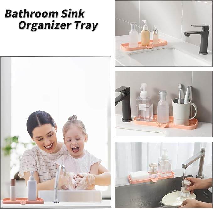 Silicone Bathroom Soap Dishes with Drain Spout-Bathroom and Kitchen Sink Organizer,Sponge Holder,Dish Soap Tray,Perfect for Dispenser,Scrubber,Bottle,Cup on Sink or Counter-Pink 12"×4" - Bloomnest