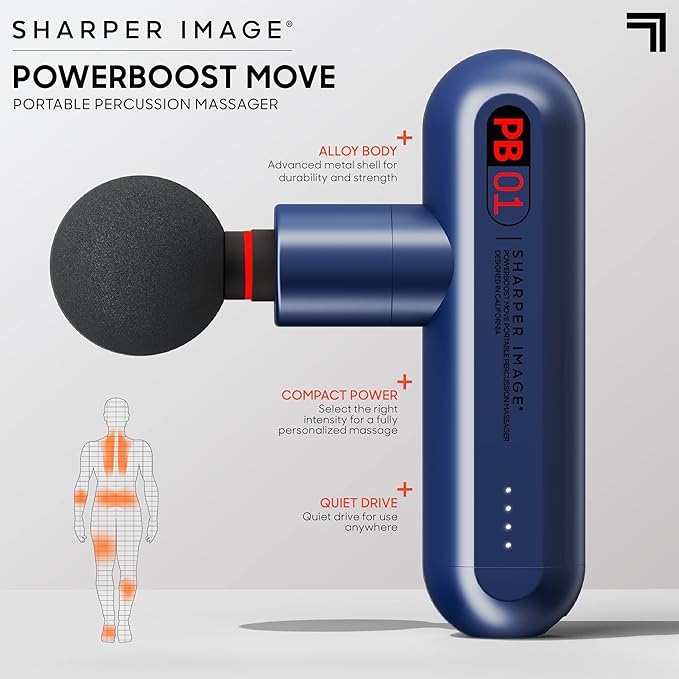 Sharper Image Powerboost Move - Mini Percussion Massage Gun| 4 Attachments, 4 Speeds, FSA Eligible| Full Body Back & Shoulder Massager| Deep Tissue Muscle Recovery| Portable Pain Relief Massage Tool - Bloomnest