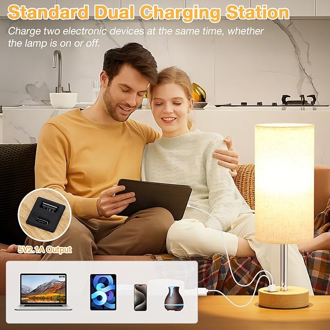 Touch Bedside Lamps Set of 2 - 3 Way Dimmable Table Lamps for Bedroom, Nightstand Lamp with Wooden Charging Station for Kids Room Dorm, Small Desk Lamp for Living Room, Office, Kids Room, Nursery - Bloomnest