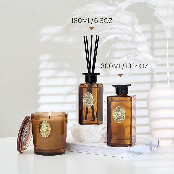M&SENSE 10.14 oz Large Reed Diffuser Set | Tobacco Teakwood Scent Oil Diffuser with Sticks | Hotel Collection Non-Toxic Essential Oil |for Bedroom Bathroom Living Room - Bloomnest