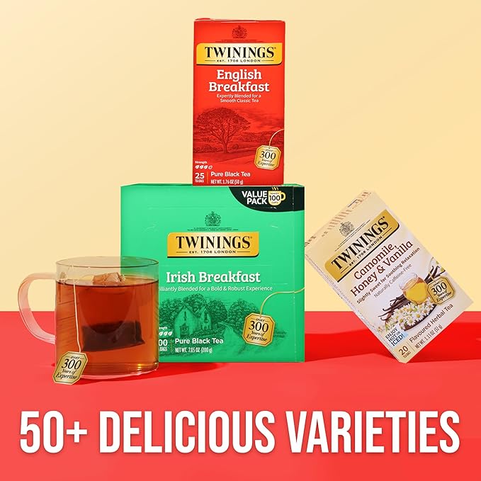 Twinings English Breakfast Black Tea Individually Wrapped Bags, 25 Count (Pack of 6), Flavourful, Robust Black Tea, Caffeinated, Enjoy Hot or Iced, 150 Teabags - Bloomnest