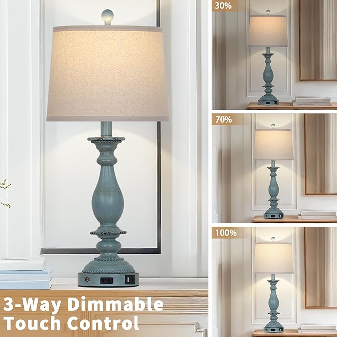 28" Tall Coastal Table Lamps for Living Room Set of 2, Farmhouse Rustic Blue Bedside Touch Lamp with USB C+A Ports & Outlet, 3-Way Dimmable Resin Nightstand Lamps for Bedroom Side End Table - Bloomnest