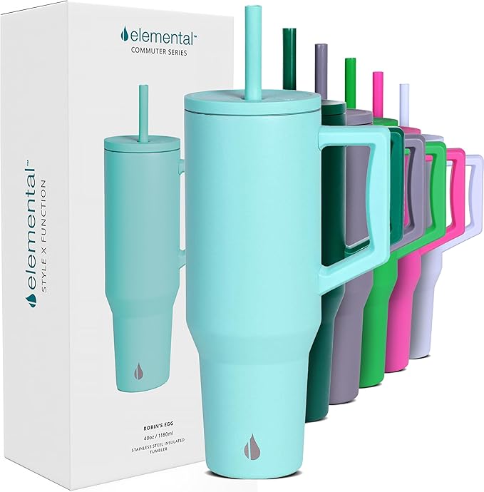 Elemental 40oz Tumbler with Handle and Straw - Spill Proof Insulated Stainless Steel Commuter for Hot & Cold Beverages - Travel Coffee Mug with 2 Straws & Spill Proof Lid - 40 oz - Robin's Egg - Bloomnest