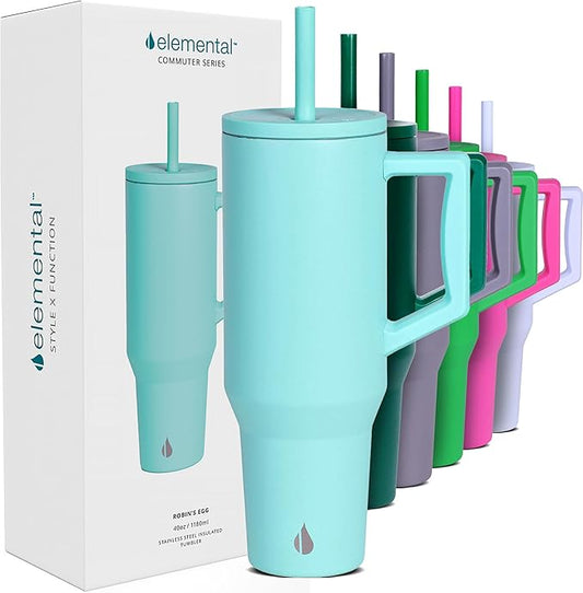 Elemental 40oz Tumbler with Handle and Straw - Spill Proof Insulated Stainless Steel Commuter for Hot & Cold Beverages - Travel Coffee Mug with 2 Straws & Spill Proof Lid - 40 oz - Robin's Egg - Bloomnest