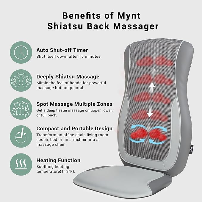 Mynt Gray Back Massager for Chair with Heat for Deep Tissue, Mesh Shiatsu Massage Chair Pad with 4 Deep Kneading Nodes, Heated Back Massage with a Seat Cushion - Bloomnest