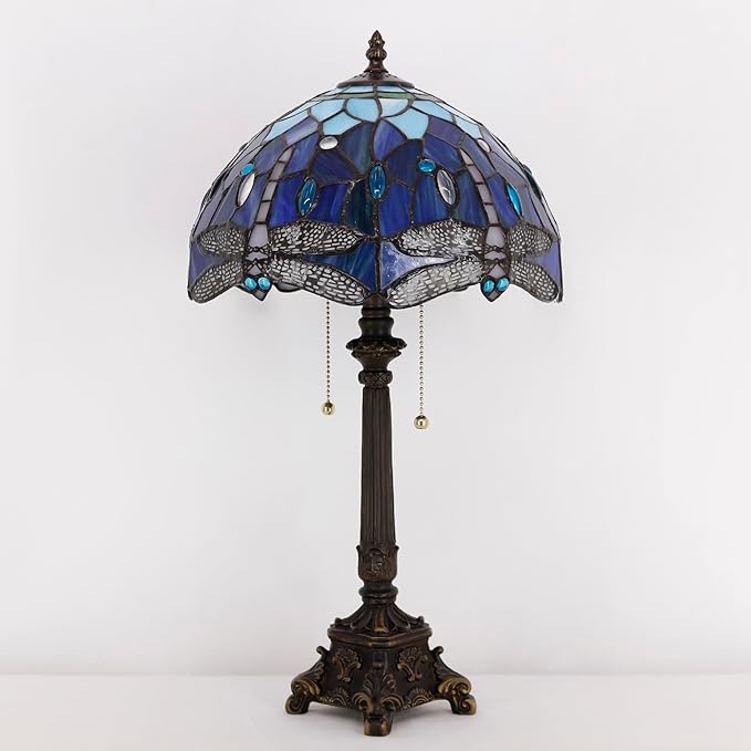 Tiffany Lamp Blue Dragonfly Style Stained Glass Table Lamp Desk Reading Light 12X12X21 Inches with Resin Base Decor Bedroom Living Room - Bloomnest