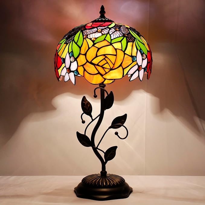 Tiffany Lamp Table Lamp Stained Glass Desk Lamps 10X10X19 Inches Reading Light Decor Bedroom Living Room (Red Rose Style) - Bloomnest