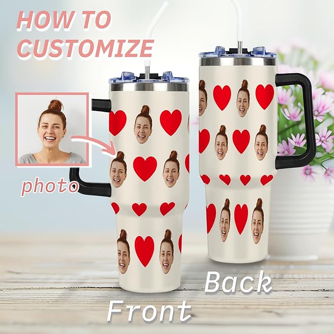 Personalized Tumbler with Photo Face for Women, Custom 40oz Funny Tumblers with Handle and Straw Lid for Couples, Insulated Stainless Steel Travel Coffee Mug, Birthday Valentines Christmas Gag Gifts - Bloomnest