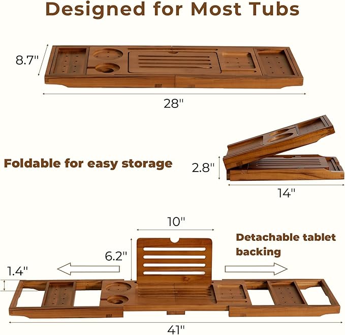Teak Bathtub Tray, Luxury Bath Table Tray with Wine Glass and Phone Holders & Book Stand, Foldable Wooden Bathtub Caddy for Home Spa Relaxation, Bath Gift for Women（Natural Teak） - Bloomnest