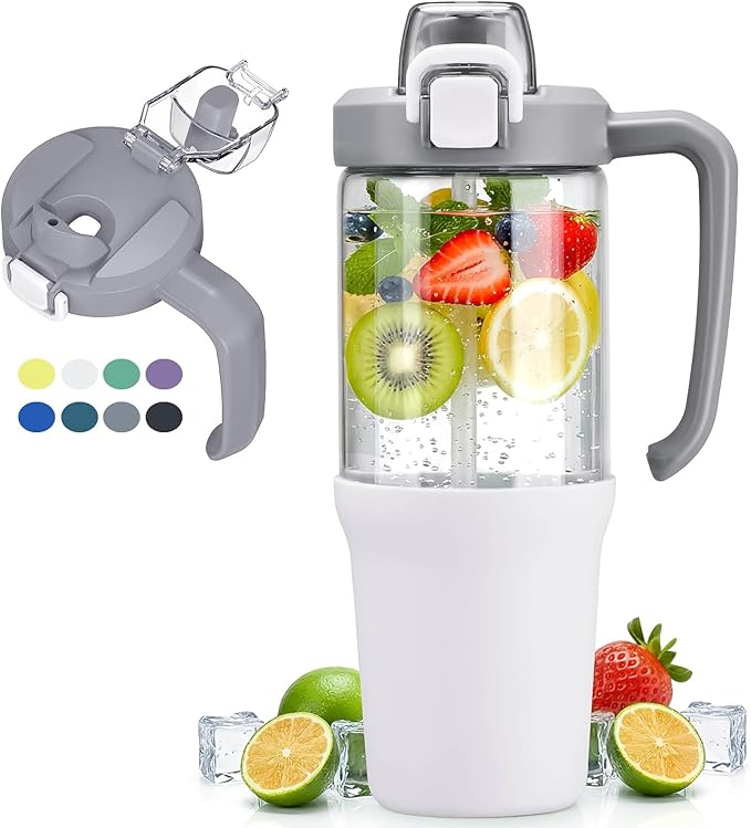 32 oz Glass Tumbler with Handle, 2-in-1 Straw and Sip Spout, Leakproof, BPA-Free Glass Water Bottle for Sports, Office, School, White - Bloomnest