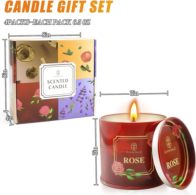 Scented Candles Gift for Women,4 Pack Natural Soy Wax Candles Long Lasting Rose Lavender Sandalwood Apple Cinnamon Fragrance Gift for Mothers Day, Birthday, Thanksgiving Day, Christmas, Valentines Day - Bloomnest