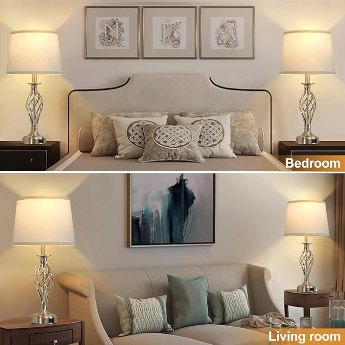 Table Lamp for Bedroom Set of 2 with USB C+A Ports, Modern Bedside Lamps with Spiral Cage Base, White Fabric Shade, Nightstand Lamp for Living Room Reading Bed Side End Table, 2 LED Bulbs Included - Bloomnest