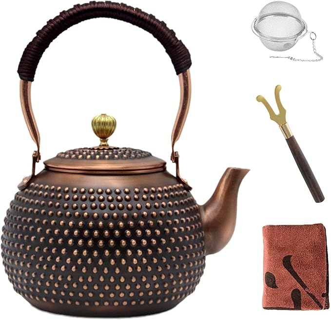 YJX 47.3oz Elegant Japanese Style Copper Tea Kettle For Stovetop Safe, Non-Coating Pure Copper Teapot with Stainless Steel Tea Ball For Loose Tea, Solid Tea Pot For 2-4 Cups (1400ml) - Bloomnest