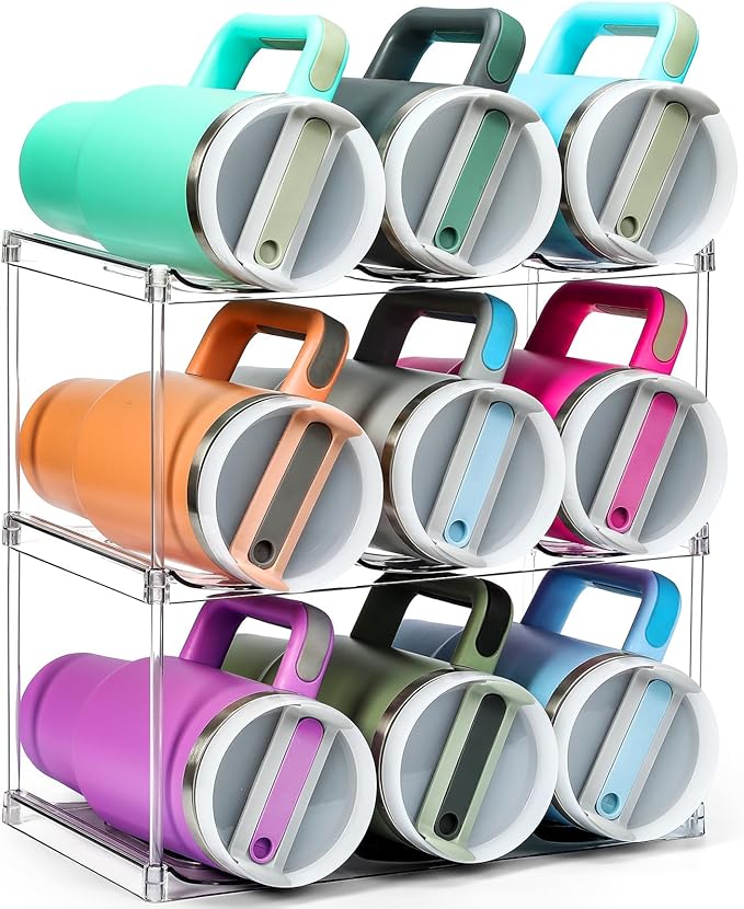 Design for Stanley 40 OZ & Large Bottles & Tumblers with Handle, Acrylic Water Bottle Organizer - Stackable Clear Wine Rack, Cup Holder for Home Kitchen Pantry Shelf Countertop Cabinet, 3 Tier Hold 9 MakeLifeBetterEasier
