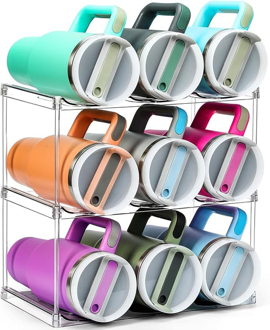 Design for Stanley 40 OZ & Large Bottles & Tumblers with Handle, Acrylic Water Bottle Organizer - Stackable Clear Wine Rack, Cup Holder for Home Kitchen Pantry Shelf Countertop Cabinet, 3 Tier Hold 9 MakeLifeBetterEasier