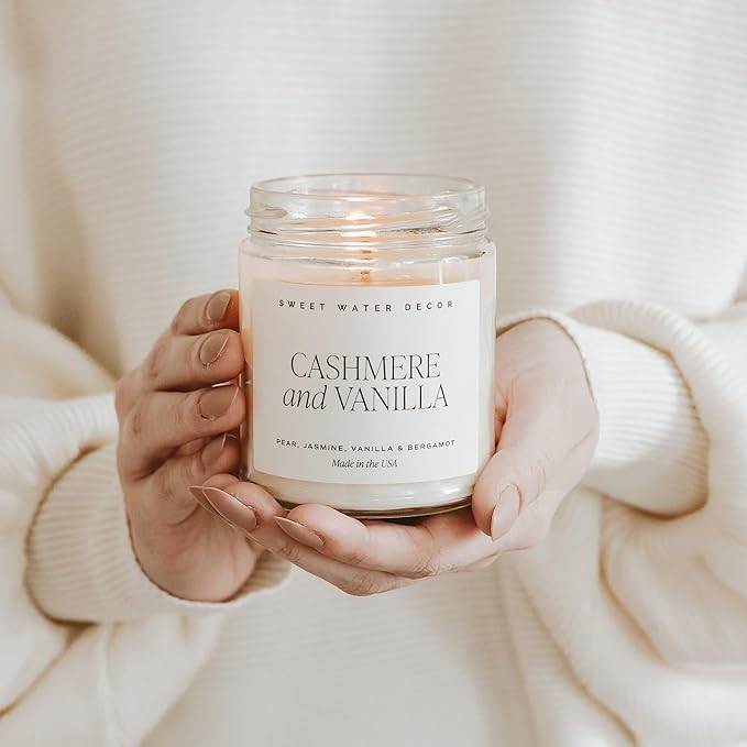 Sweet Water Decor Cashmere and Vanilla Soy Candle - Jasmine, Soft Cashmere, Sandalwood, Vanilla Scented Spring Candle for Home - 9oz Clear Jar with Lid, 40+ Hour Burn Time, Made in The USA - Bloomnest