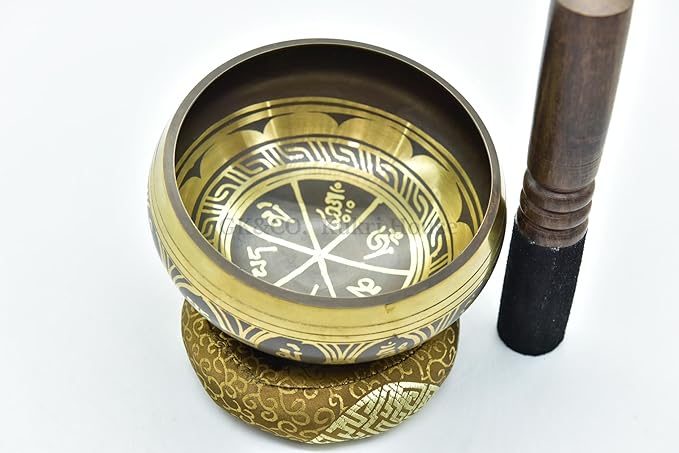 5" Tibetan Meditation Yoga Singing Bowl Black Set with free Wooden Mallet and Silk Cushion from Nepal, Singing bowls. (Black) - Bloomnest