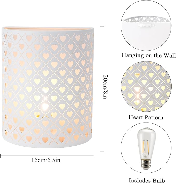 JHY DESIGN Set of 2 Battery Powered Lamp 8''H Modern Wall Mount Lamp Metal Wall Sconce Lighting with LED Edison Style Bulb and 6-Hours Timer Wall Decor for Bedroom Living Room Hallway(Heart Shape - Bloomnest