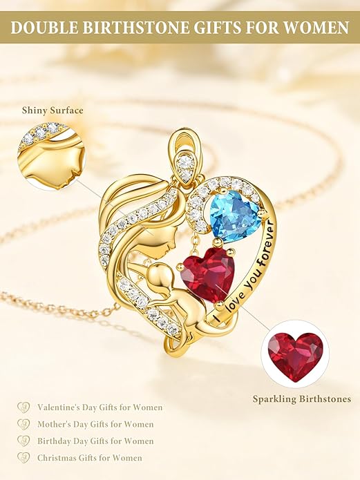 14K Gold Double Birthstone Heart Necklace for Women Mom, Mother Son/Daughter Pendant Necklace for Christmas Mother's Day Birthday Gifts for Wife Daughter Grandmom - Bloomnest