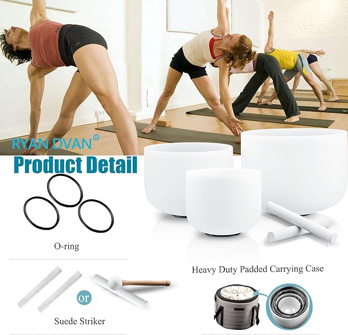 RYAN DVAN 8-12 Inch Set of 3 pcs Crystal Singing Bowl with Sound Bowl Case and Suede Striker O-Ring For Promotes Peace Chakra Healing and Mindfulness (8-12 inch, 3pcs White Singing Bowls) - Bloomnest