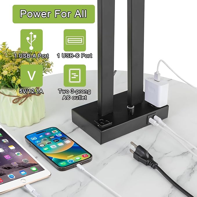 Modern Table Lamps Set of 2-22" Tall Bedside Lamps with USB-C/USB-A Charge Ports & Outlet, Stepless Dimmable Fabric Cream Shade Nightstand Lamps for Bedroom & Living Room - Bloomnest