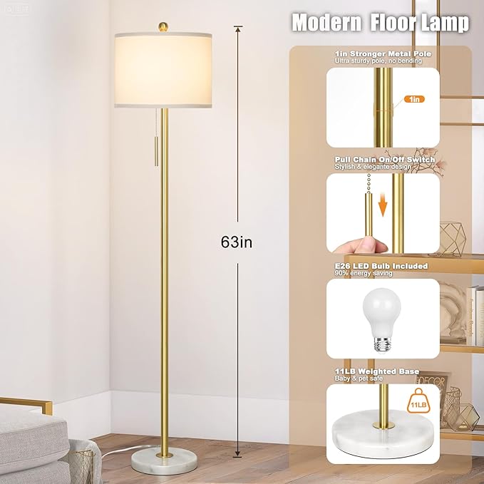 【Upgraded】 Dimmable Gold Floor Lamps for Living Room, 63in Modern Standing Lamp with Marble Base, Tall Pole Light with White Linen Shade for Bedroom Reading Office Corner Nursery - Bloomnest