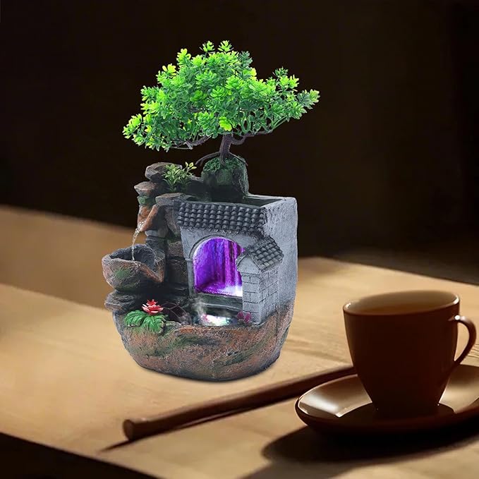 Tabletop Water Fountain with LED Lights, Indoor Relaxing Desktop Fountain with Water Pump, Modern Home Office Decor for Desk, Living Room, Bedroom, 11.81 Inch Resin Waterfall Feature - Bloomnest