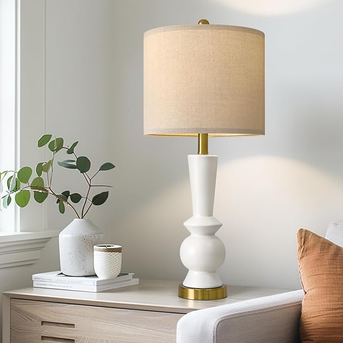PORTRES 27" Modern Ceramic Table Lamp Set of 2 for Living Room White & Gold Bedside Lamps for Bedroom Nightstand Lamp Tall End Table Lamps - Bloomnest
