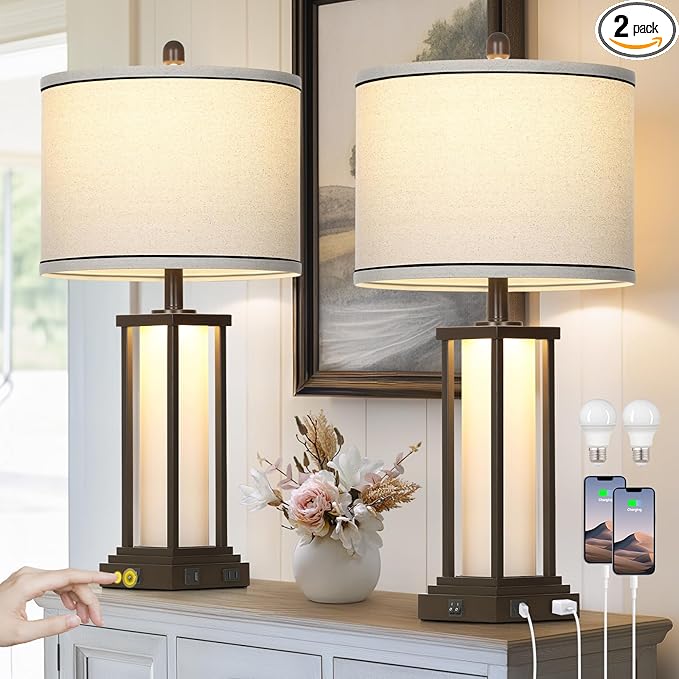 27" Tall Vintage Table Lamps with USB C+A & Outlet,Brown End Table Lamp Set of 2 for Living Room,Rustic Bedside Lamps with Frosted Glass Night Light for Bedroom Nightstand,Oil-Rubbed Bronze - Bloomnest