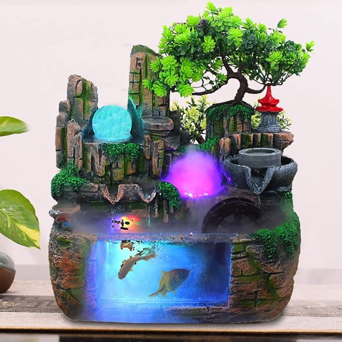 11.81INCH Indoor Water Fountain Rockery Ornaments, Atomizing Rockery Water Fountain Desktop, Chinese Fengshui LED Lamp Waterfall Includes Tower for Home Office - Bloomnest