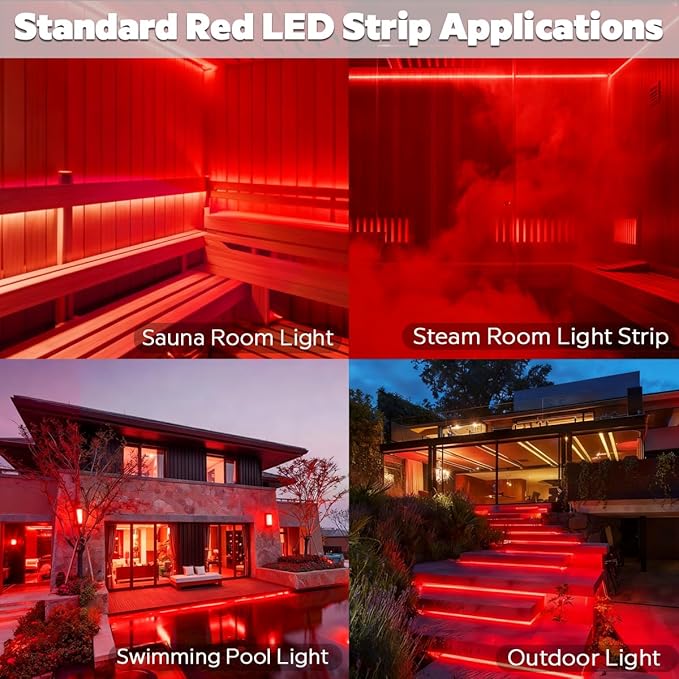DC24V 630nm Red LED Strip for Sauna Lighting, Flexible Cuttable Dimmable Long 5m 16.4ft 600 LEDs Heat-Resistant IP68 Waterproof Chromotherapy Sauna Light Tape (Ordinary Red) Bloomnest