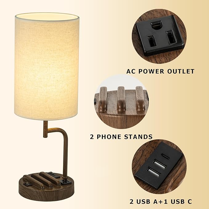 Dreamholder Table Lamp with 3 USB Charging Ports, Modern Desk Lamp with AC Outlet and Phone Stands, Perfect Bedside Lamp for Bedroom, Living Room, Office (Pack of 2), Walnut - Bloomnest