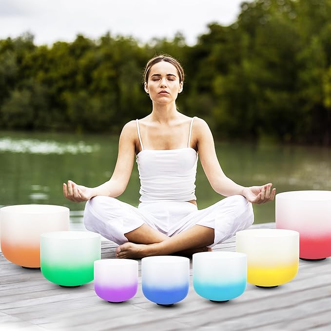 432hz Crystal Singing Bowl Healing 6-12inch Set of 7 Aria Gradient for Meditation Yoga Heart Chakra Singing Bowls Heavy Duty Carrying Case Rubber Mallet Suede Striker - Bloomnest