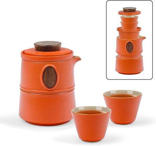 fanquare Travel Ceramic Tea Pot Set with Anti-scald Inlay, Chinese Gongfu Teapot with Infuser, 3 Porcelain Tea Cups and Portable Bag for Outdoor Use, Convenient Tea Service, Orange