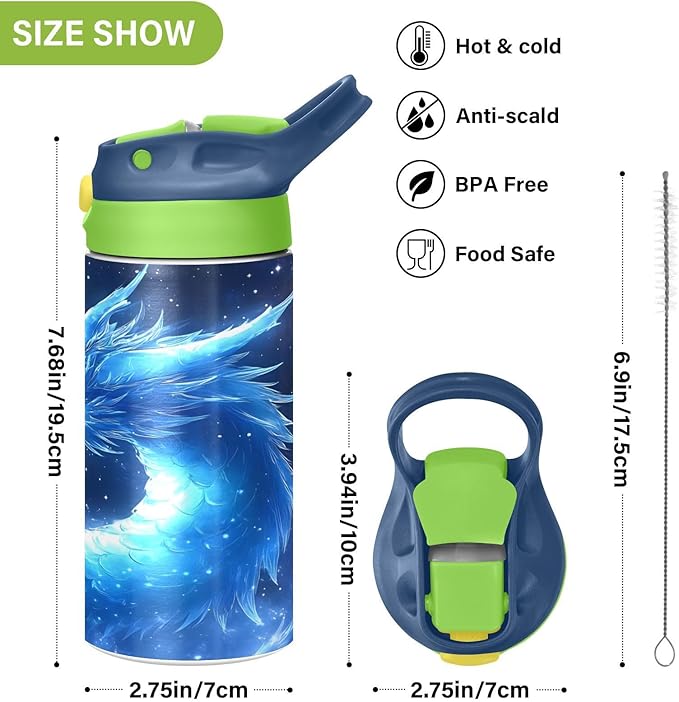 Dragon Blue Galaxy Kids Water Bottle with Straw Lid Insulated Tumbler with Handle Stainless Steel Reusable Toddlers Cup for Kids Boys 12 oz - Bloomnest