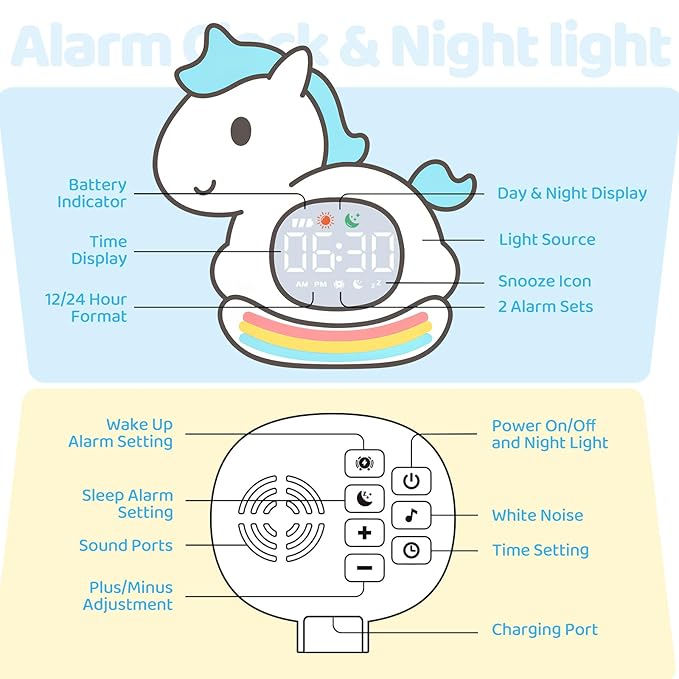 Alarm Clock with Night Light for Kids with Sleep Training and Sound Machine, Rechargeable Silicone Lamp OK to Wake Clock，Cute Animal Tabletop Lamp, Perfect Sleep Companion for Boys Girls，Blue Pony - Bloomnest
