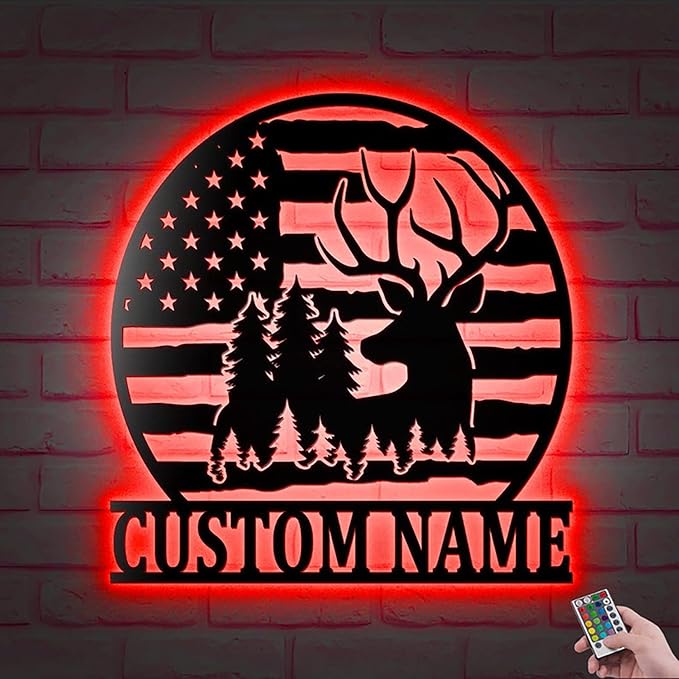 Lovely POD Personalized Hunting Metal sign, Hunting Art, Custom Us Deer Forest Hunting Metal Wall Art Led Light, Personalized Hunter Name Sign Decoration For Home, Deer Hunting Home Decor - Bloomnest