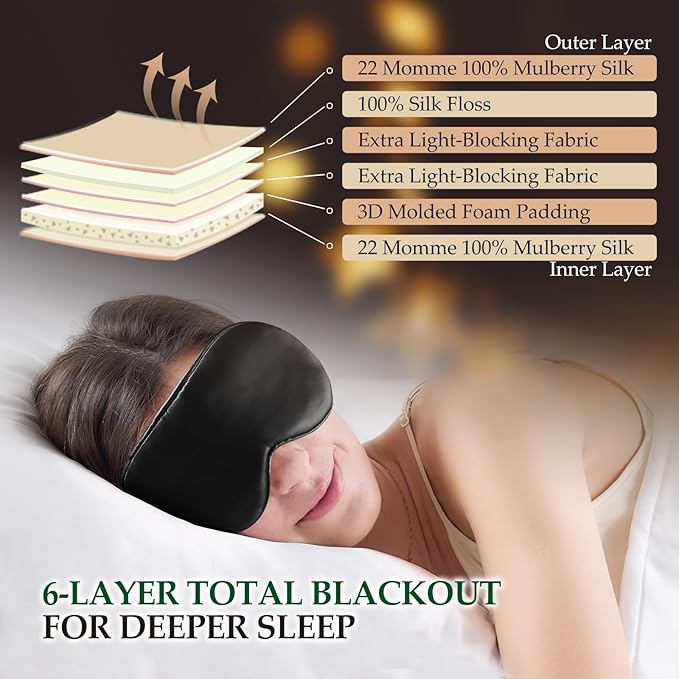 100% Mulberry Silk Sleep Mask for Unisex, 22 Momme 3D Silk Contoured Eye Mask, Breathable Light Blocking Blindfold with Adjustable Strap, Blackout Eye Cover for Travel, Black - Bloomnest
