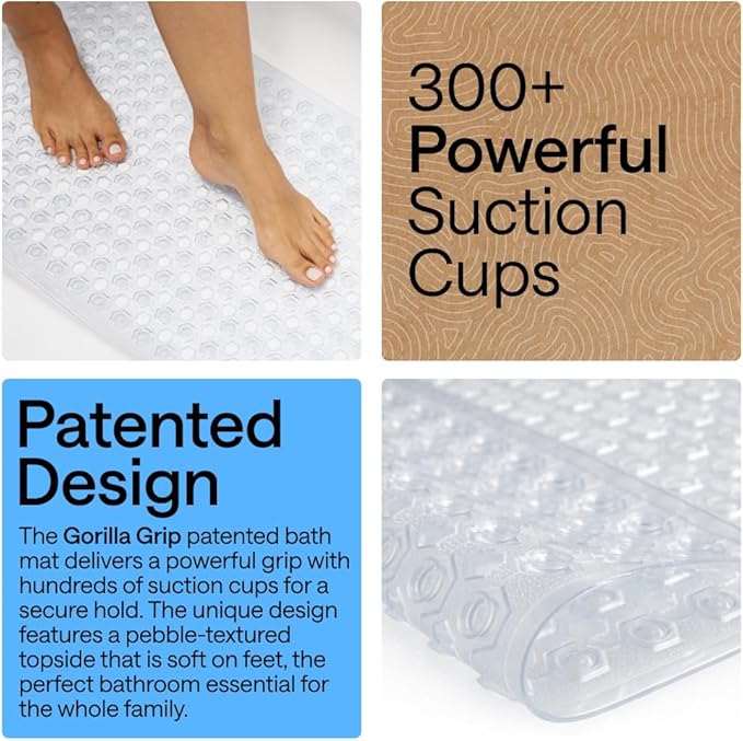 GORILLA GRIP Patented Bath Tub Shower Mat, 2 Pack, Machine Washable Bathtub Floor Liner Mats, Suction Cups and Drain Holes to Keep Tubs Clean, Soft on Feet, Bathroom Essentials, 35x16 Inch, Clear - Bloomnest