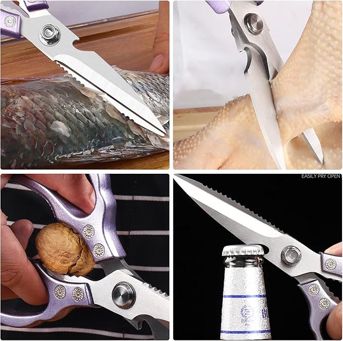 AWinjoy Heavy Duty Sharp Kitchen Scissors, Dishwasher Safe, Cooking Shears for Meat, Chicken, Fish, Poultry, Herb, Bread (Purple) - Bloomnest