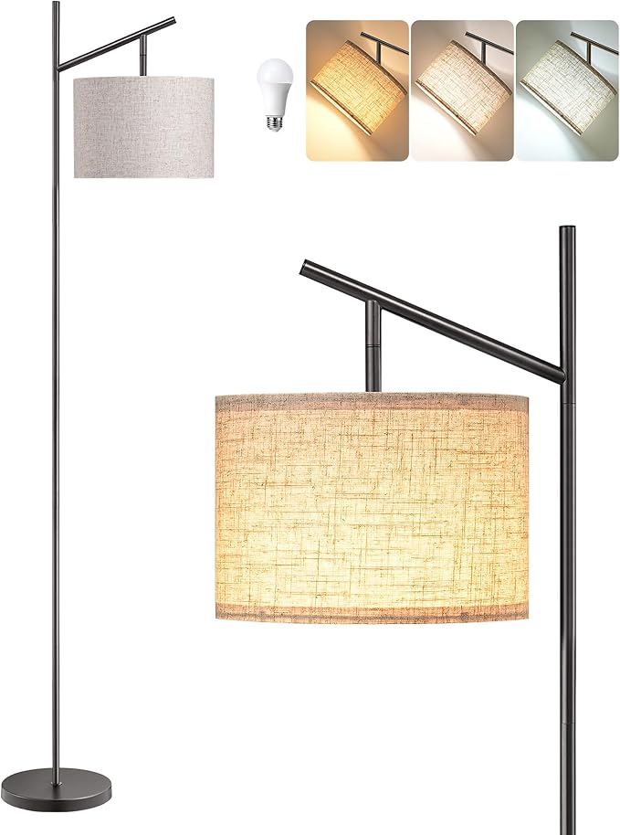 EDISHINE Modern Floor Lamps for Living Room, 64.7" Minimalist Standing Lamp with 3 Color Temperatures Bulb & Adjustable Linen Shade, Foot Pedal Switch, Arc Tall Lamp for Bedroom Office, Black - Bloomnest
