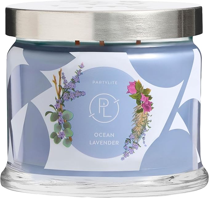 PartyLite Ocean Lavender Scented, Notes of Vanilla Sea Salt, Driftwood, Sea Moss, Patchouli & Eucalyptus, 13.2oz 3-Wick Jar Candle, 45 Hour Burn Time, Luxurious Fragrance, Ideal for Gifting - Bloomnest
