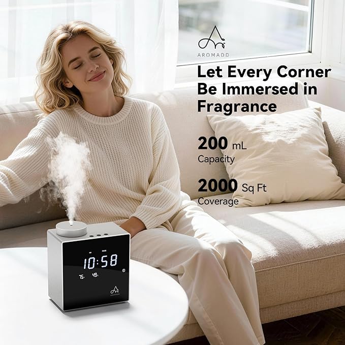2026 Smart Waterless Diffuser, 2000 Sq.Ft Cold Air Scent Machine with Clock & Environmental Display | 7 Fragrance Levels, 9 Timer Settings, Hotel Collection Diffuser for Home & Large Rooms (Silver) - Bloomnest