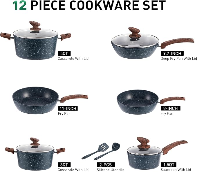 MAISON ARTS Pots and Pans Set Non Stick, Kitchen Cookware Sets Nonstick, 12 Piece Granite Cooking Pot and Pan for Induction, Stovetop, Blue - Bloomnest