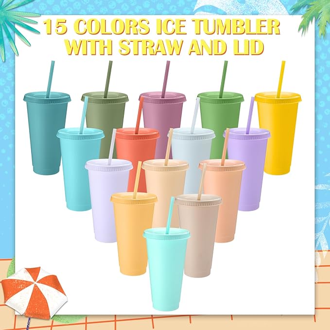 Honeydak 30 Pack Tumbler with Straw and Lid Bulk Water Bottle Iced Coffee Travel Mug Cup Reusable Plastic Cups for Party Birthdays 24-27 oz (Pastel Color) - Bloomnest