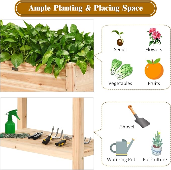 S AFSTAR Raised Garden Bed with Storage Shelf, Elevated Cedar Wood Planter Box with Legs, Outdoor Gardening Planting Bed for Vegetables Flower Herb Grow, Great for Backyard Patio Lawn - Bloomnest