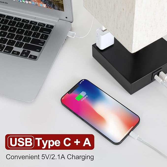 Bedside Table Lamp for Bedroom - Touch Small Lamp with USB C+A Charging Ports & AC Outlets, 3 Way Dimmable Nightstand Light for Living Room (LED Bulb Included, Flaxen) - Bloomnest