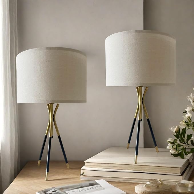 20.8" Modern Metal Tripod Table Lamp Set of 2, Nightstand Lamp with Beige Linen Lampshade, Side Table Lamp for Bedroom Living Room Coffee Table Home Office (Bulb Included) - Bloomnest