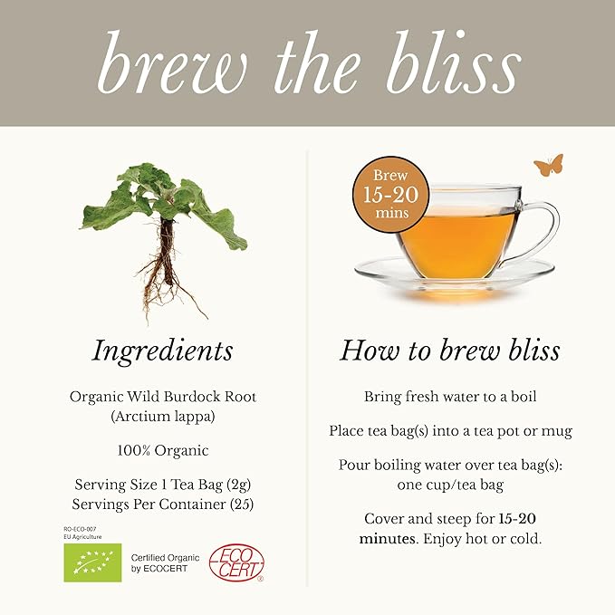 Wild Bliss Organic Burdock Root Tea - Caffeine Free Herbal Detox Support - Pharmacopoeia Quality - 25 Plant Based Tea Bags - Bloomnest