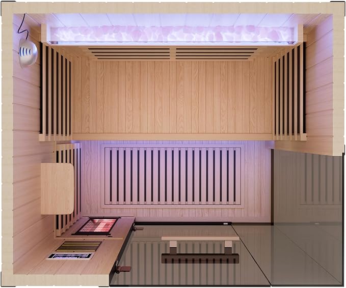 2-Person FAR Infrared Sauna for Home & Gym, Himalayan Salt Rocks Plus 12" * 12" Red Light Therapy & 2 Speakers, 1990W Canadian Hemlock Wood Indoor Dry Spa DAIMOT